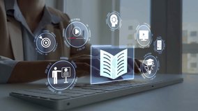 E-learning and online education technology concept.Digital internet lessons and online webinar on virtual screen.E-learning education.Woman using computer with digital E-learning icons. - Powered by Shutterstock - Get 15% off with code: PIKWIZARD15