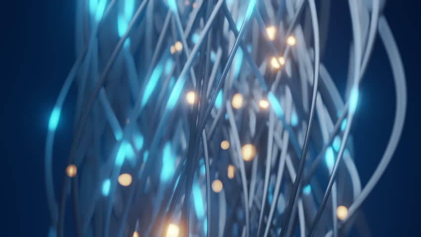 Abstract fiber optic network. Glowing blue orange light particles, tangled cables. High-speed data transmission, global connectivity, digital technology, internet communication. Modern tech concept - Powered by Shutterstock - Get 15% off with code: PIKWIZARD15