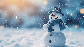 Charming animated scene featuring a friendly snowman character with a carrot nose and button eyes, as gentle white snowflakes softly fall against a winter background. Kids and holiday theme. - Powered by Shutterstock - Get 15% off with code: PIKWIZARD15