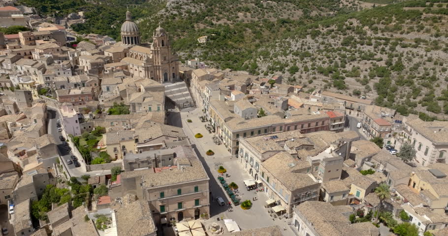Aerial view of the Cathedral of San Giorgio, located in the historic center of the old town of Ragusa Ibla, Sicily, Italy. An example of Baroque architecture, it is located on the city