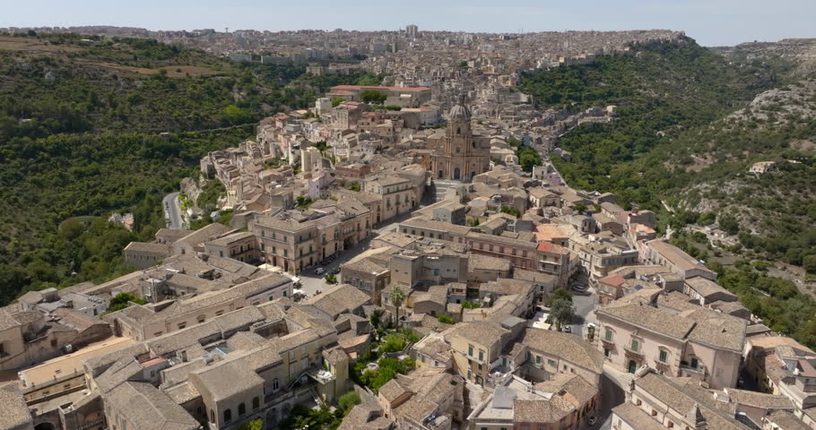Aerial view of the historic center of Ragusa, Sicily, Italy. At the center of the neighborhood, called Ibla, is the Cathedral of San Giorgio. It