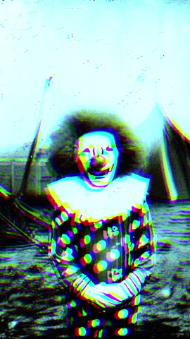 Glitch Art Portrait Of A Neon Blue Clown Mask With Distorted Facial Features And Surreal Glow Vertical Video