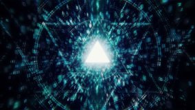 Magenta Purple Digital Tunnel with Glowing Binary Code, Futuristic Triangular Shapes, Abstract Cyberspace Animation, Vibrant Seamless Loop Background. 3D Illustration - Powered by Shutterstock - Get 15% off with code: PIKWIZARD15