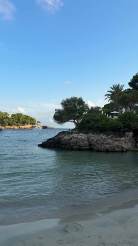 Cala Ferrera beach without people in the evening. Cala D'or village on Mallorca in Spain.