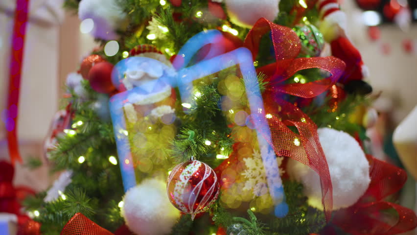glowing storefront christmas tree with present, warm bulbs and shimmering ribbon, retail holiday scene - Powered by Shutterstock - Get 15% off with code: PIKWIZARD15