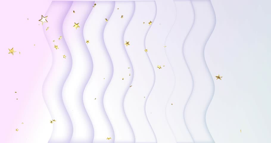 Left-edge stars entering, sheer waves shifting while gold stars drifting, creating pastel backdrop. Confetti, ribbons, gradient, parallax, abstract, ethereal, depth