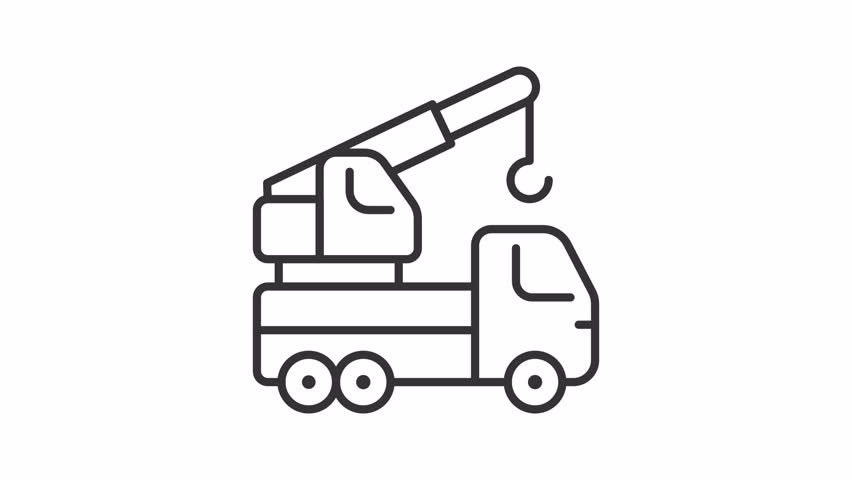 Animated crane truck line icon. Vehicle for loading and lifting cargoes animation. Construction site machinery. Freight hoisting. Outline element on white background. HD video with alpha channel