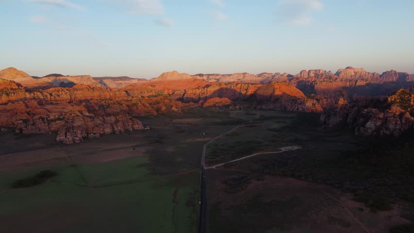 
Aerial panoramic view over Zion national park valley, Utah, at dusk 4k