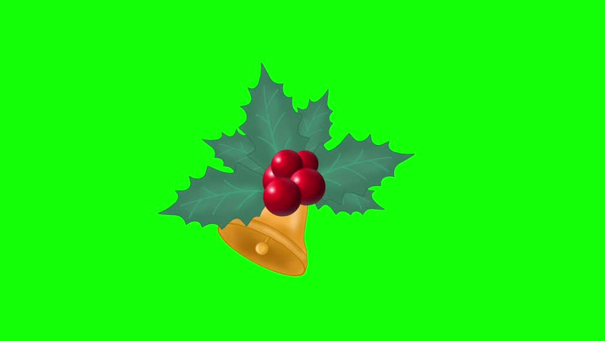 Decorative Christmas bell with leaves and berries on a green screen background for easy chroma key use.