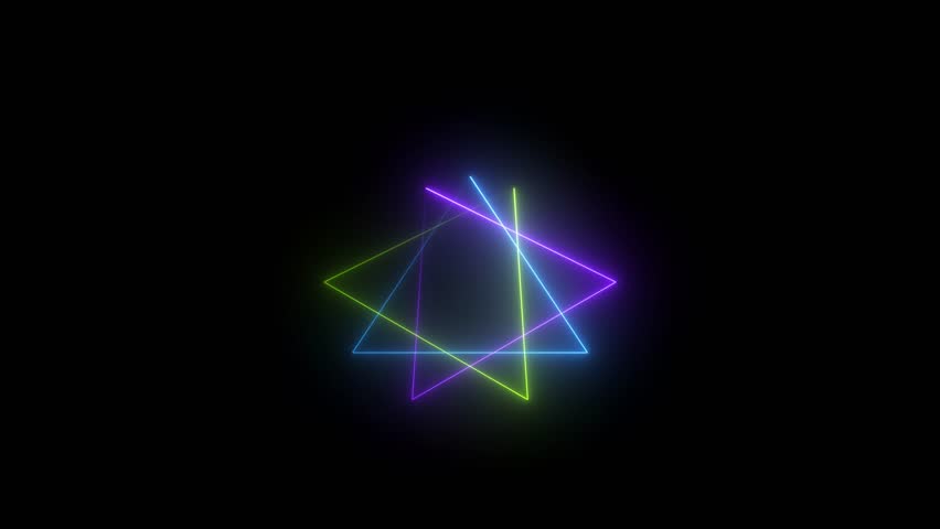 Glowing neon triangle light animation. Neon saber frame animated on black background. 4k video