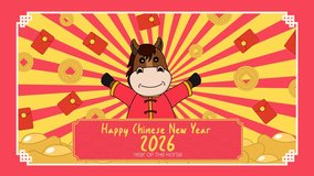 4K looping animation featuring a cute horse mascot in festive attire with radiant rays, red envelopes, gold coins, and a bright Chinese New Year 2026 greeting. Perfect for holiday promos. - Powered by Shutterstock - Get 15% off with code: PIKWIZARD15