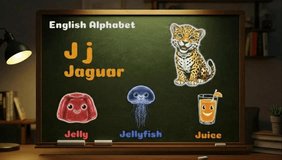 Animated chalkboard video showing the letter J with colorful chalk drawings of a Jaguar, Jelly, Jellyfish and Juice for children’s education, alphabet learning content - Powered by Shutterstock - Get 15% off with code: PIKWIZARD15