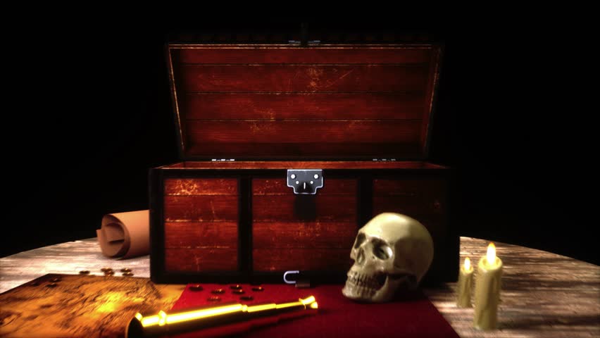 Glowing Treasure Chest Illuminates Coins and Map on Wooden Surface, Evoking Mystery and Adventure with Light, Skull, Candle, and Telescope in Mysterious Scene

