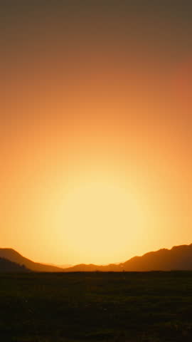 Silhouette of Happy Couple Running Hand in Hand into Sunset. Vertical Video