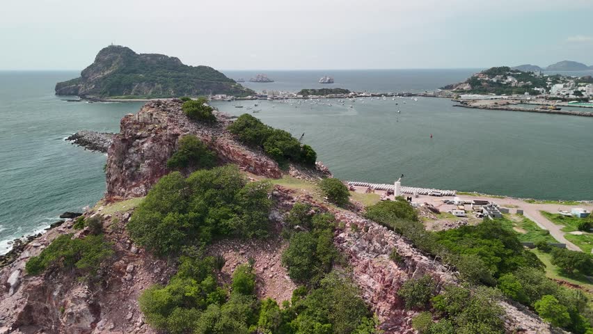 Limestone Montain Island in Mazatlan City Mexico with Beach Resort and Shoreline Near Cruise Terminal