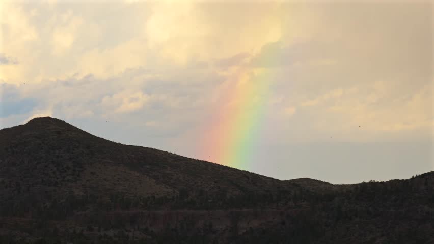 A rainbow forms through storm clouds above a mountain slope as small birds pass through the frame. Atmospheric and cinematic for nature, wellness, or travel storytelling.