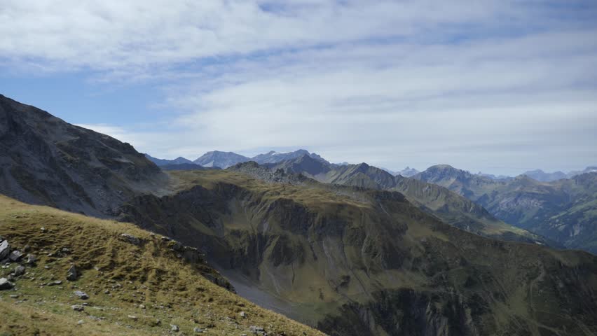 Alps panorama pan in sunny summer.