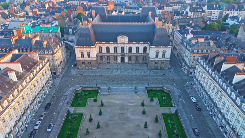 Drone orbit over historic European Parlement of Rennes or Parlement of Brittany with beauty inner courtyard and detailed architecture, Rennes, Brittany, France
