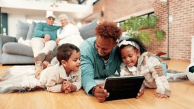 Bonding, love and tablet with family on floor in living room of home for break or streaming. App, relax or watching video with father and sibling children in apartment for subscription entertainment - Powered by Shutterstock - Get 15% off with code: PIKWIZARD15