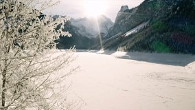 Picturesque View of Frozen Lake and Sunburst Framed by Tree Covered in Hoarfrost - Powered by Shutterstock - Get 15% off with code: PIKWIZARD15
