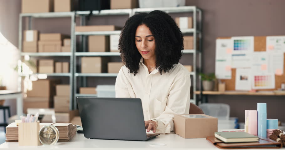 Logistics, thinking and business woman on laptop for online orders, distribution and supply chain. Startup, planning and person on computer for shipping service, delivery and inventory on website