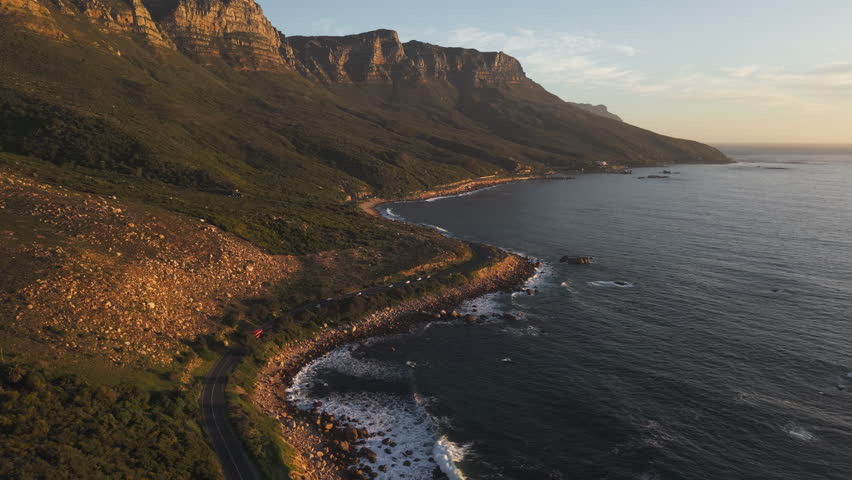 Panoramic Aerial View Of Table Mountain And The Twelve Apostles Mountain Range In Cape Town, South Africa.