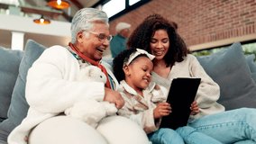 Grandma, mother and child with tablet in house for bonding together, ebook and storytelling website. Old woman, mom reading and daughter with generations on sofa for tech, digital kids book or story. - Powered by Shutterstock - Get 15% off with code: PIKWIZARD15