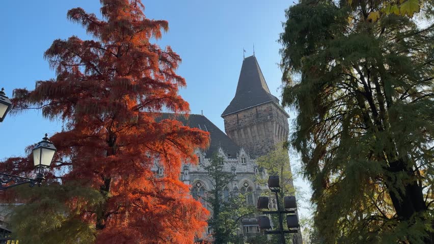 Main Gate and towers of the Vajdahunyad Castle with old bald cypress on a foreground with bright red autumn leaves in Budapest, Hungary, view while panning in autumn sunny day 

