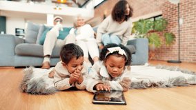Relax, tablet and children on floor in home for learning, education app or reading story. Technology, kids and siblings in living room for entertainment, game or online search with family generations - Powered by Shutterstock - Get 15% off with code: PIKWIZARD15