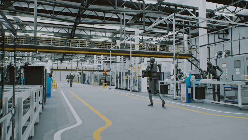 Humanoid Robots Working Automation and AI in Modern Futuristic Factory. Android Robots Moving Equipment in Clean, Automated Industrial Environments. Concept of Future of Work and AI Driven Automation.