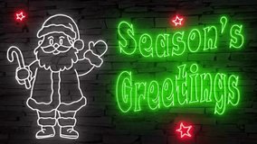 Season's Greetings + silhouette of Santa Claus waving illuminated 3d illustration retro neon signs, cute 10s 4k video art, Christmas wishes in red green white, sstkChristmas, for family and friends - Powered by Shutterstock - Get 15% off with code: PIKWIZARD15