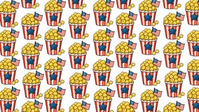 A looping footage of patriotic popcorn buckets decorated with stars and U.S. flags arranged in a seamless pattern. Perfect for Fourth of July, celebrations, parties, and American-themed promotional - Powered by Shutterstock - Get 15% off with code: PIKWIZARD15