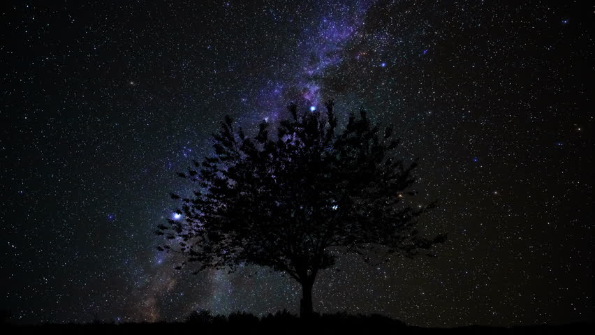 Milky Way stars on a dark countryside skies. Time-lapse video.