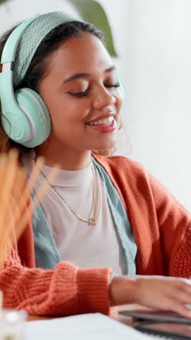 Headphones, dance and laptop with woman in home for streaming service, student and audio playlist. Radio subscription, study break and music with person listening in apartment for energy and song