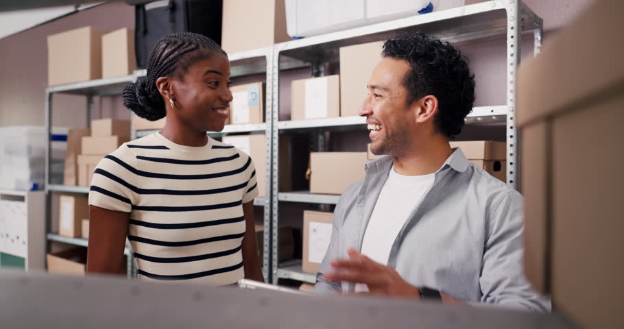 Checklist, high five and tablet with people in storage depot for logistics or supply chain success. App, inventory and target with courier team in warehouse together for celebration of delivery goals