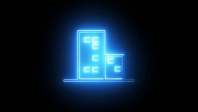Glowing Blue Neon City Building Icon Animation Loop. Futuristic Neon Skyscraper or Apartment Symbol on Black Background. - Powered by Shutterstock - Get 15% off with code: PIKWIZARD15
