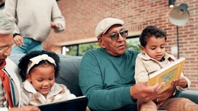 Love, home and big family on sofa with tablet, storybook and break for weekend or relax together. Grandparents, mother and children on couch with social media, technology and bonding with connection - Powered by Shutterstock - Get 15% off with code: PIKWIZARD15