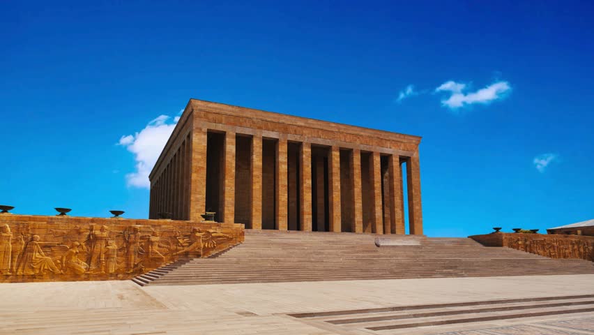 Anıtkabir, the mausoleum of Mustafa Kemal Atatürk, founder of the Republic of Turkey, located in Ankara. Captured on a cloudy day with a wide-angle view emphasizing the monumental architecture.Mustafa