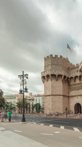Serrans Towers (Torres de Serranos) timelapse hyperlapse in Valencia, Spain. A grand medieval gate from the city