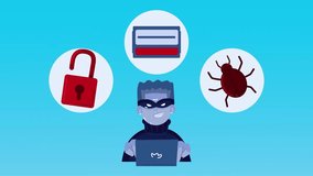 A dramatic cybersecurity illustration showing a hacker using a laptop surrounded by digital cyber crime icons. Represents hacking, data breaches, malware attacks, identity theft, online threats, and c - Powered by Shutterstock - Get 15% off with code: PIKWIZARD15