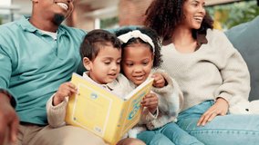 Laugh, parents and children reading book in home, bonding and happy African family relax together. Story, mother and father with kids for learning, funny joke or development in living room on sofa - Powered by Shutterstock - Get 15% off with code: PIKWIZARD15