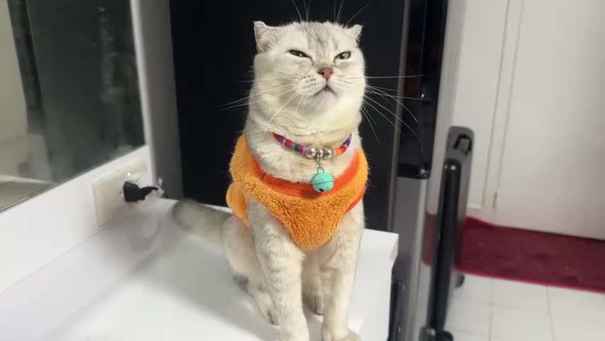 Curious and Playful Feline Cute Cat in Orange Sweater Sits on Bathroom Counter, Showcasing Unique Features and Fluffy Coat, Captivating with Bright Green Eyes and Charming Expression