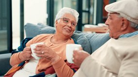 Cheers, coffee and senior couple on sofa in home with bonding, love and marriage together. Happy, toast and elderly man with woman drinking warm beverage in living room on weekend at apartment. - Powered by Shutterstock - Get 15% off with code: PIKWIZARD15