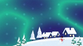 Animated nighttime scene of a polar region village with glowing green Northern Lights and falling snow. - Powered by Shutterstock - Get 15% off with code: PIKWIZARD15