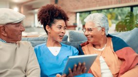 Healthcare, laughing or tablet with nurse and old couple on sofa in home living room for support. Advice, app or funny with caregiver and senior people in apartment for medical checkup or feedback - Powered by Shutterstock - Get 15% off with code: PIKWIZARD15