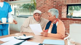 Senior couple, documents and volunteer with coffee for finance, budget planning and mortgage. Elderly people, paperwork and caregiver with beverage, medical insurance and financial expenses at house - Powered by Shutterstock - Get 15% off with code: PIKWIZARD15