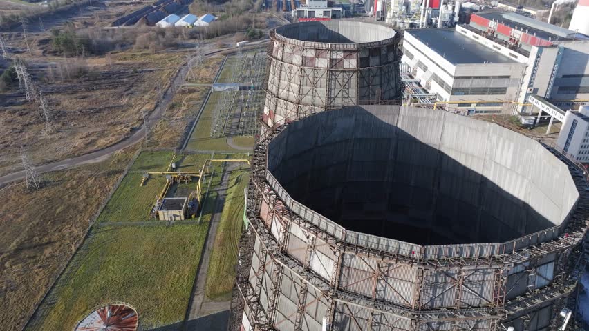 Power plant cooling towers, close up aerial view