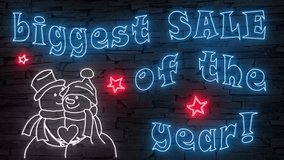 Biggest SALE of the year! + silhouette of snowman couple illuminated 3d illustration retro neon signs, sweet and cute 10s 4k video art in blue red white, Black Friday Sales event, marketing - Powered by Shutterstock - Get 15% off with code: PIKWIZARD15