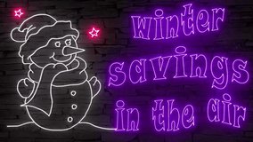Winter savings in the air + silhouette of happy snowman illuminated 3d illustration retro neon signs, sweet and cute 10s 4k video art in purple red white, Black Friday Sales event, marketing - Powered by Shutterstock - Get 15% off with code: PIKWIZARD15