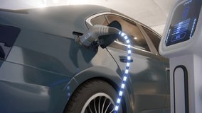 Ecology concept charge car. Battery charge auto and hologram level indicators. Discharged and fully charged battery. Close up car and charge system Indicator with futuristic HUD elements. 3d render - Powered by Shutterstock - Get 15% off with code: PIKWIZARD15